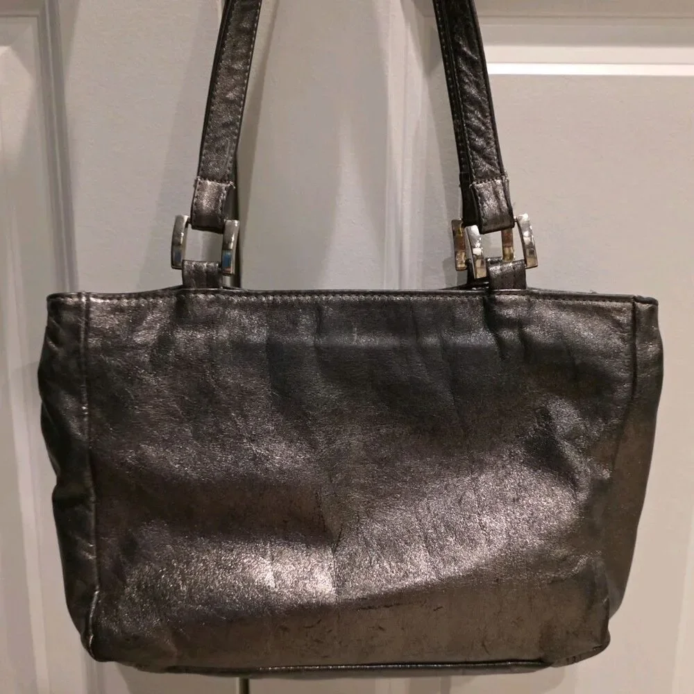 Vintage SHS Metallic Black Textured Leather Multi-Zip Shoulder Bag